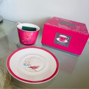 NIB Sara Miller Pink and White Teacup and Saucer Set